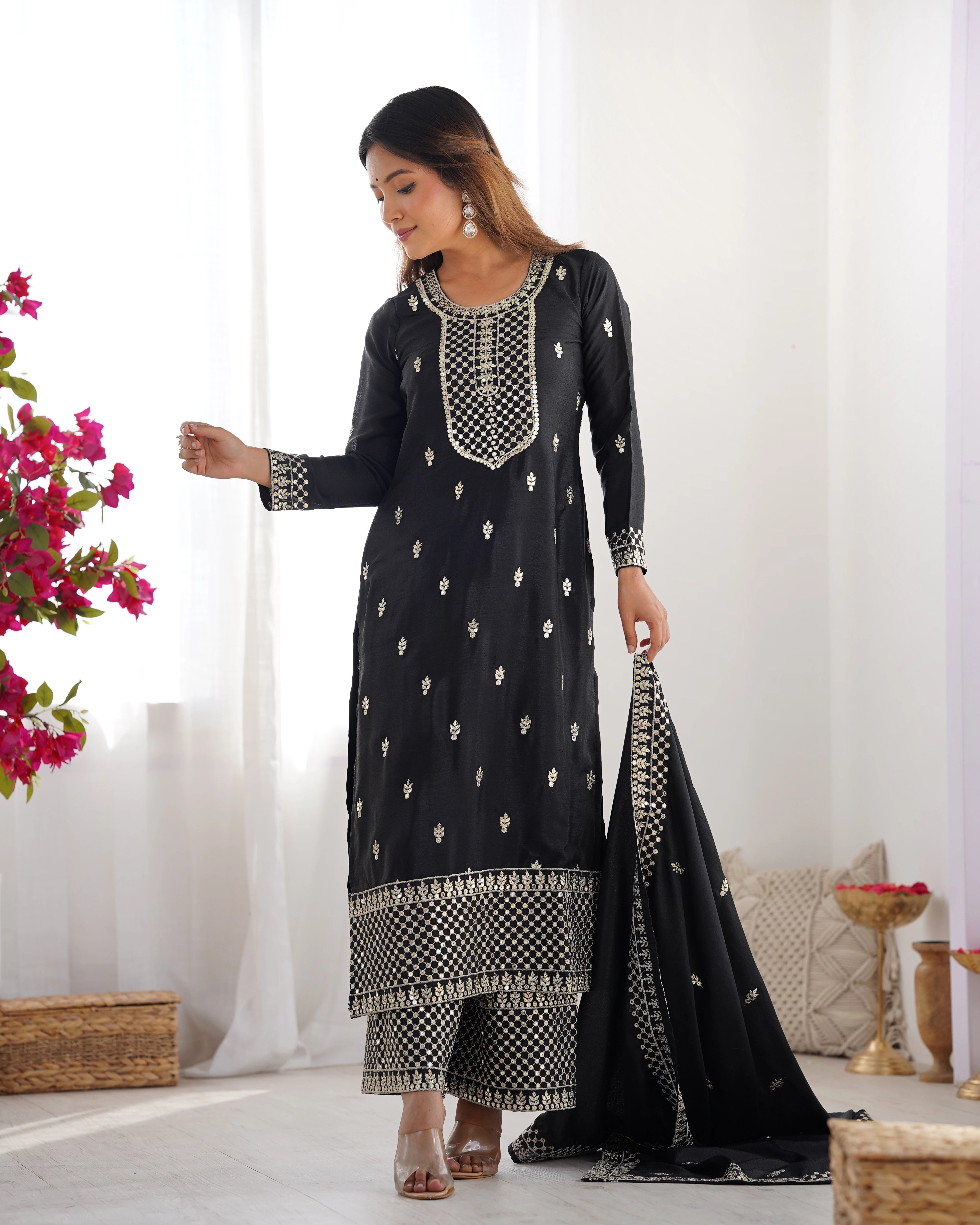 Black Zari Embroidery & Sequin Chinon Silk Suit – Kalyanja